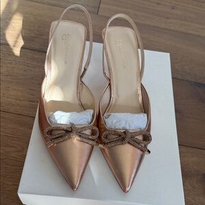 Metallic Rose Gold Slingback Pointed Toe Flats with Embellished Bow